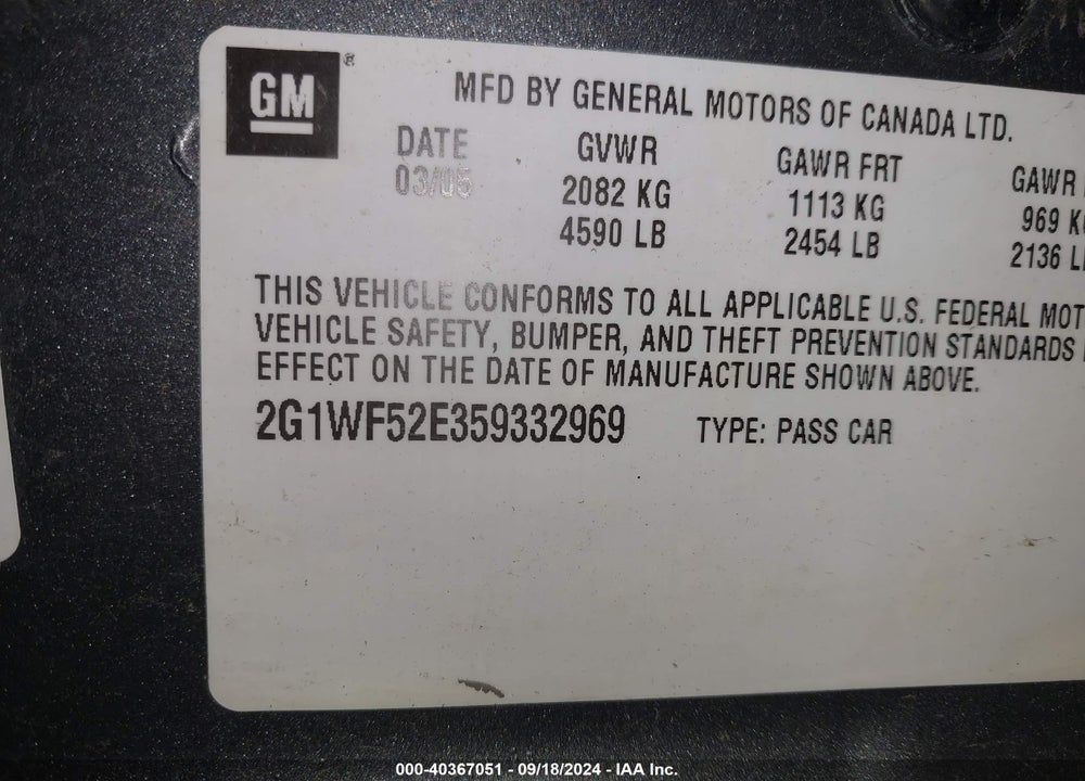 2005 CHEVROLET IMPALA VIN: 2G1WF52E359332969