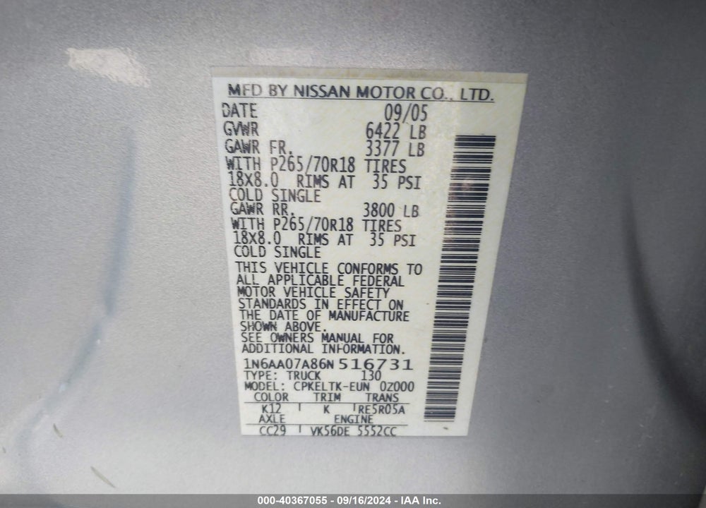 2006 NISSAN TITAN SE VIN: 1N6AA07A86N516731