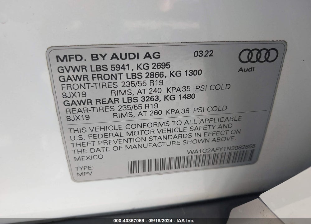 2022 AUDI Q5 PREMIUM 55 TFSI E S LINE QUATTRO S TRONIC VIN: WA1G2AFY1N2082855