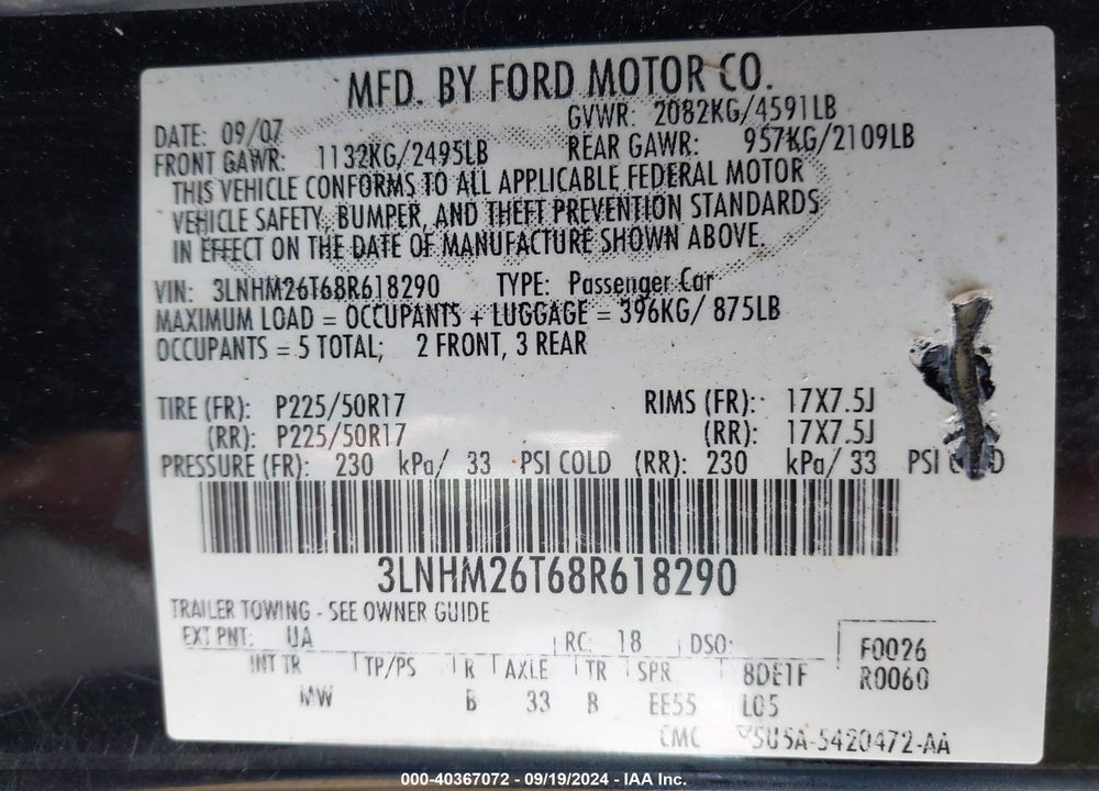 2008 LINCOLN MKZ VIN: 3LNHM26T68R618290