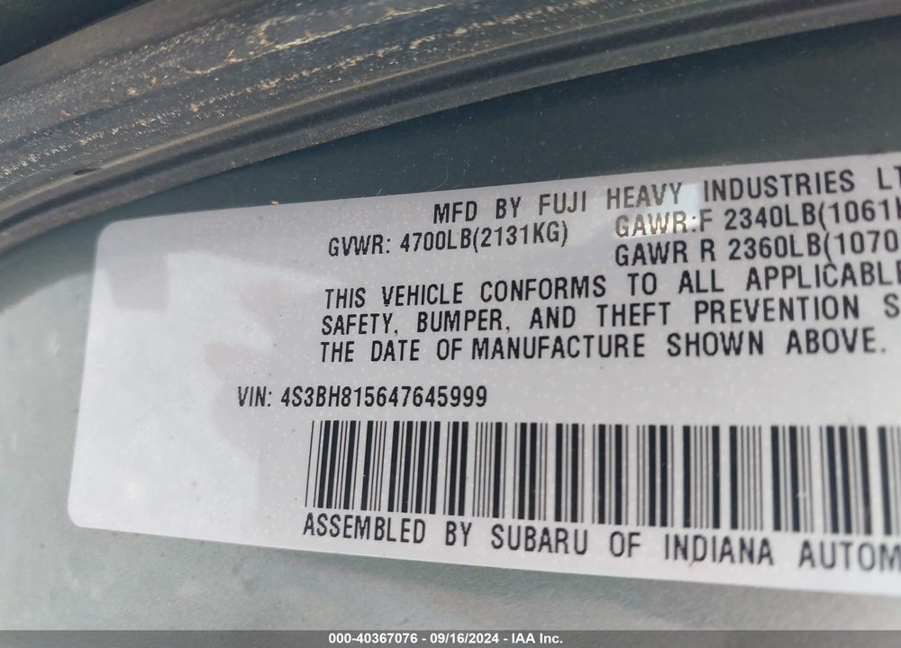 2004 SUBARU OUTBACK H6-3.0 W/35TH ANNIVERSARY EDITION VIN: 4S3BH815647645999