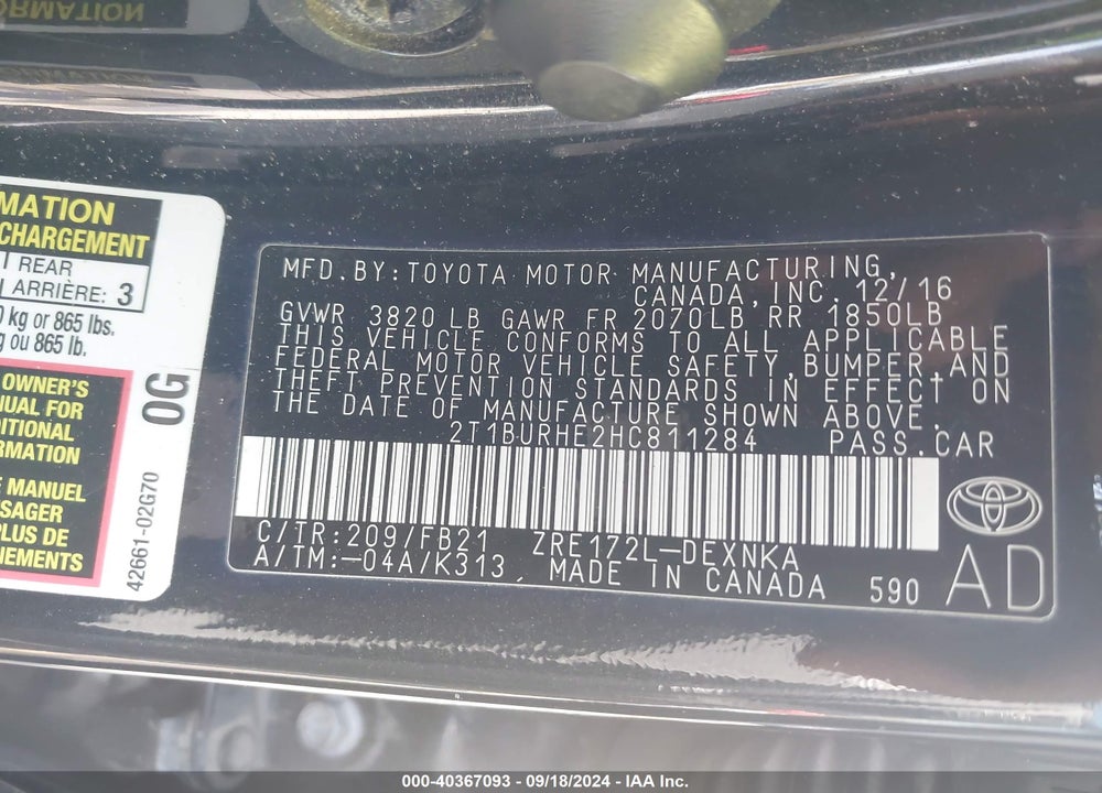 2017 TOYOTA COROLLA L/LE/XLE/SE/XSE VIN: 2T1BURHE2HC811284