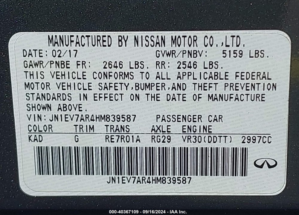 2017 INFINITI Q50 VIN: JN1EV7AR4HM839587