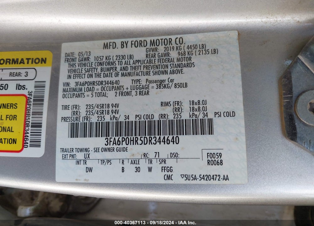 2013 FORD FUSION SE VIN: 3FA6P0HR5DR344640