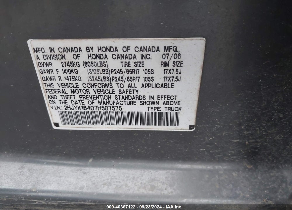 2007 HONDA RIDGELINE RTS VIN: 2HJYK16407H507575