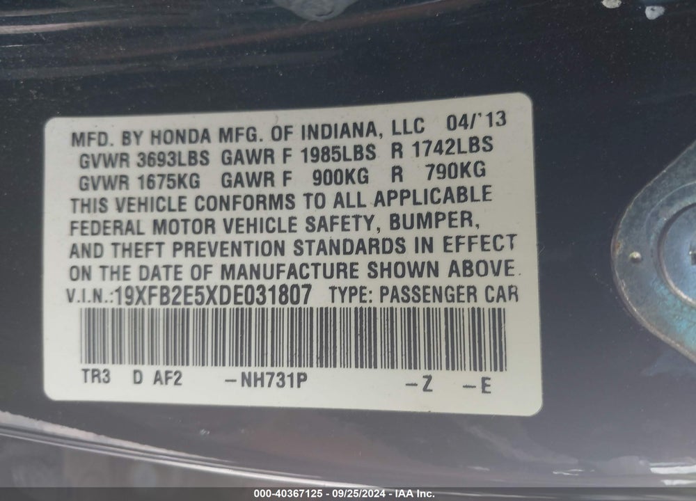 2013 HONDA CIVIC LX VIN: 19XFB2E5XDE031807