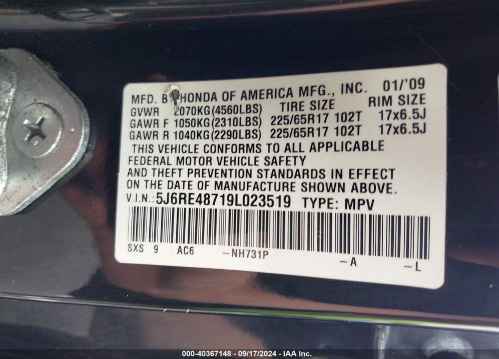 2009 HONDA CR-V EX-L VIN: 5J6RE48719L023519