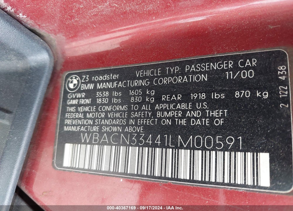 2001 BMW Z3 2.5I VIN: WBACN33441LM00591