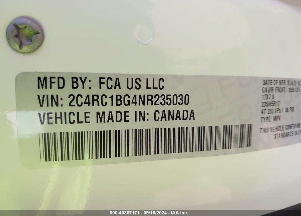 2022 CHRYSLER PACIFICA TOURING L VIN: 2C4RC1BG4NR235030
