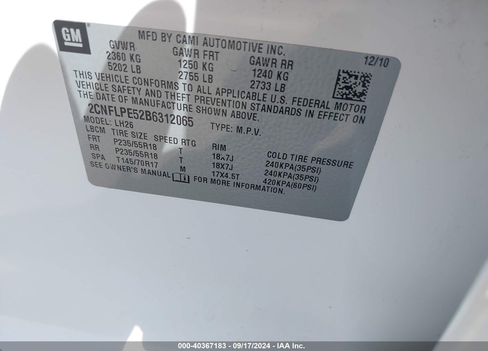 2011 CHEVROLET EQUINOX 2LT VIN: 2CNFLPE52B6312065
