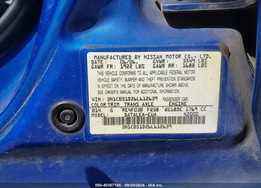 2006 NISSAN SENTRA 1.8S VIN: 3N1CB51D26L612639