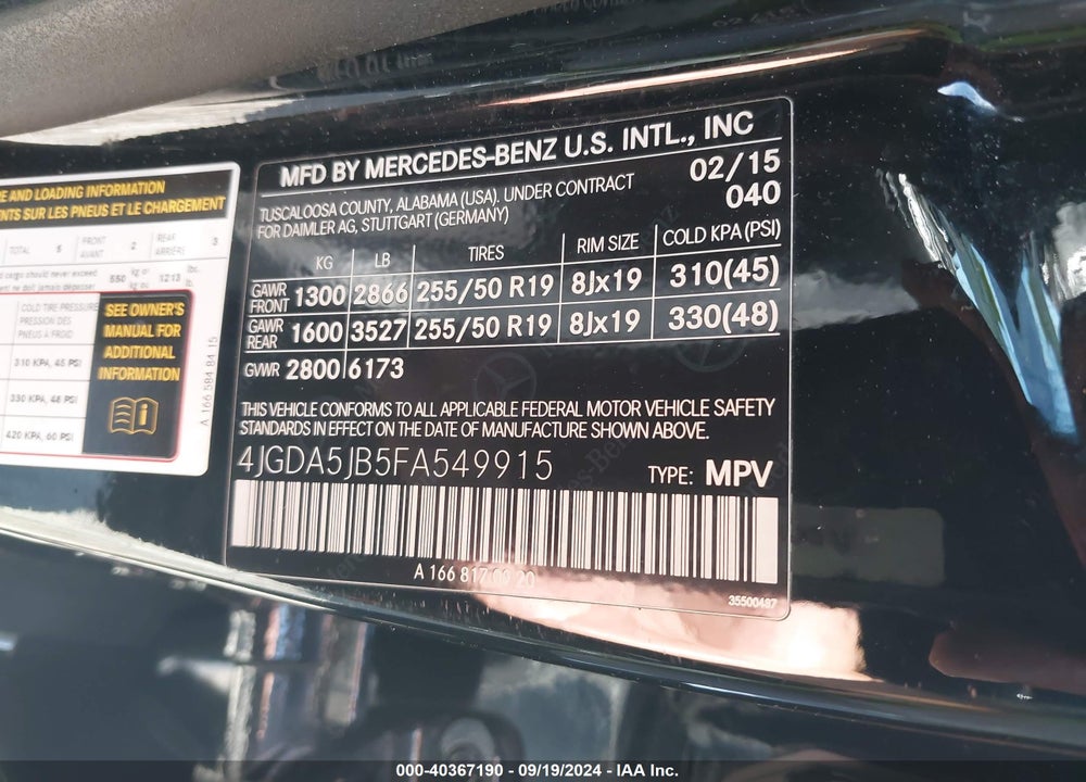 2015 MERCEDES-BENZ ML 350 VIN: 4JGDA5JB5FA549915