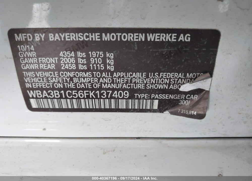 2015 BMW 320I VIN: WBA3B1C56FK137409