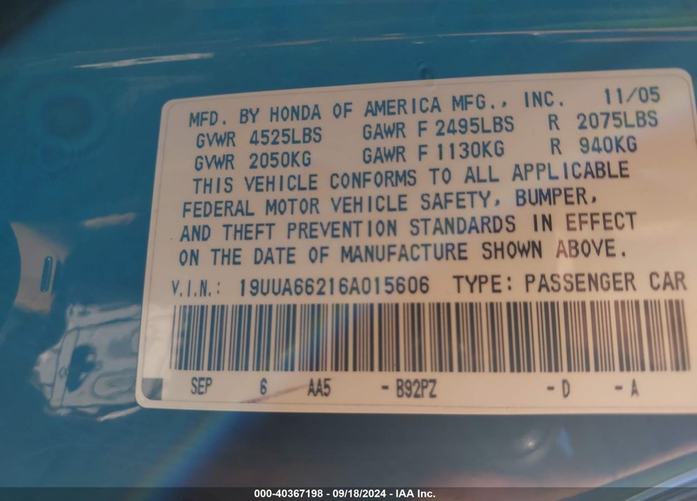 2006 ACURA TL VIN: 19UUA66216A015606