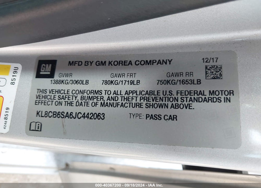 2018 CHEVROLET SPARK LS CVT VIN: KL8CB6SA6JC442063