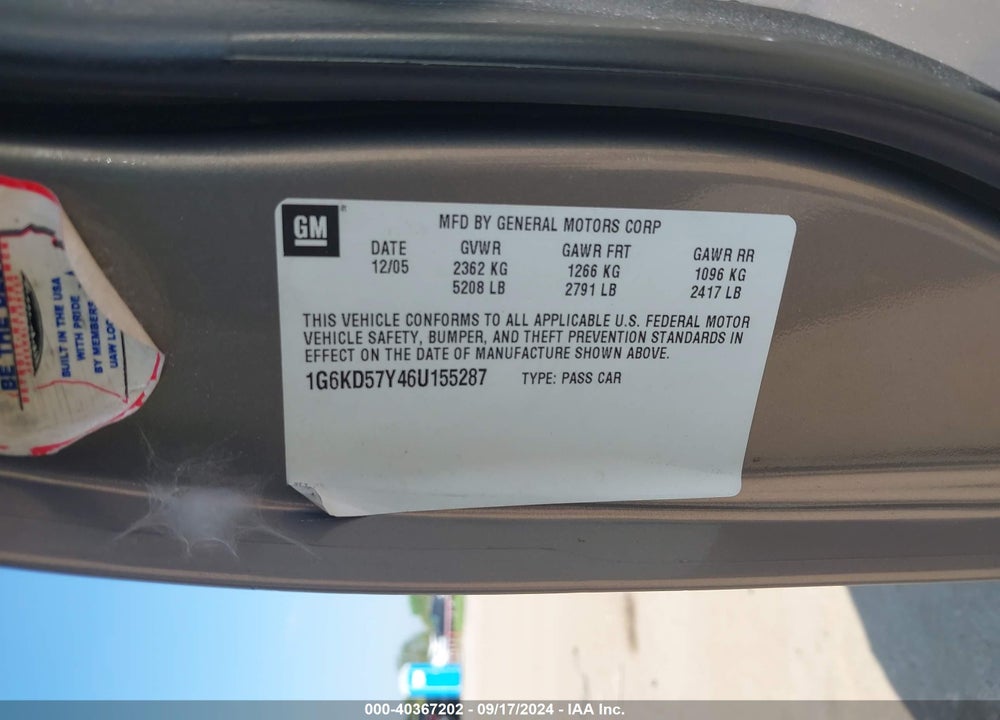 2006 CADILLAC DTS STANDARD VIN: 1G6KD57Y46U155287