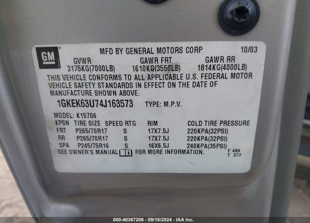 2004 GMC YUKON DENALI VIN: 1GKEK63U74J163573