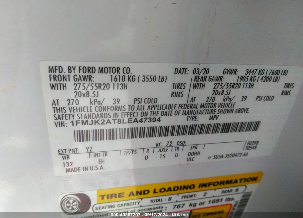 2020 FORD EXPEDITION LIMITED MAX VIN: 1FMJK2AT8LEA47394