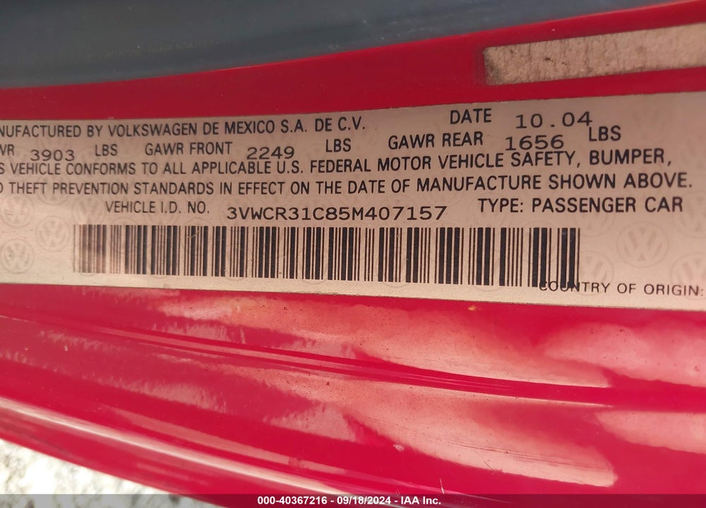 2005 VOLKSWAGEN NEW BEETLE GLS TDI VIN: 3VWCR31C85M407157