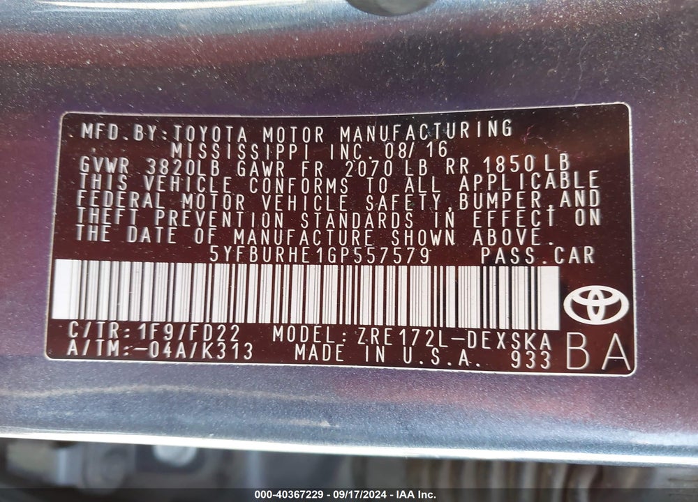 2016 TOYOTA COROLLA S PLUS VIN: 5YFBURHE1GP557579