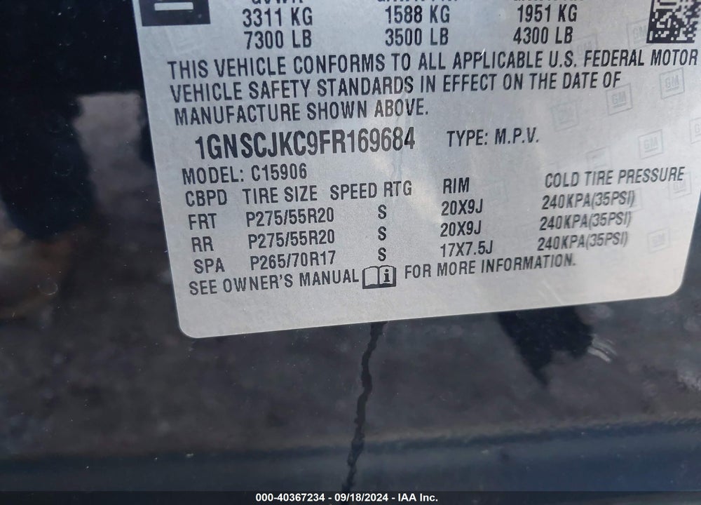 2015 CHEVROLET SUBURBAN 1500 LT VIN: 1GNSCJKC9FR169684