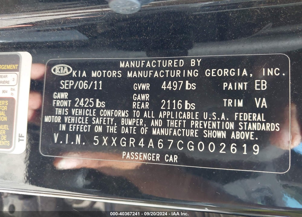 2012 KIA OPTIMA SX VIN: 5XXGR4A67CG002619