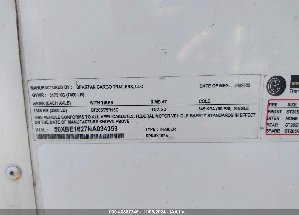 2022 SPARTAN MOTORS VIN: 50XBE1627NA034353