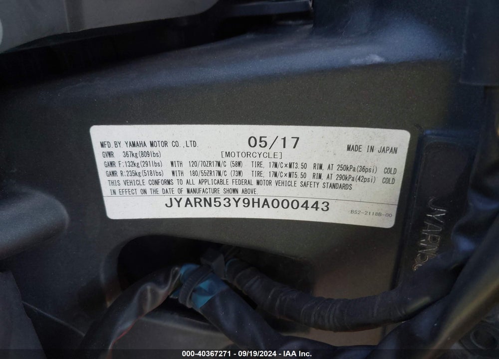 2017 YAMAHA FZ09 C VIN: JYARN53Y9HA000443