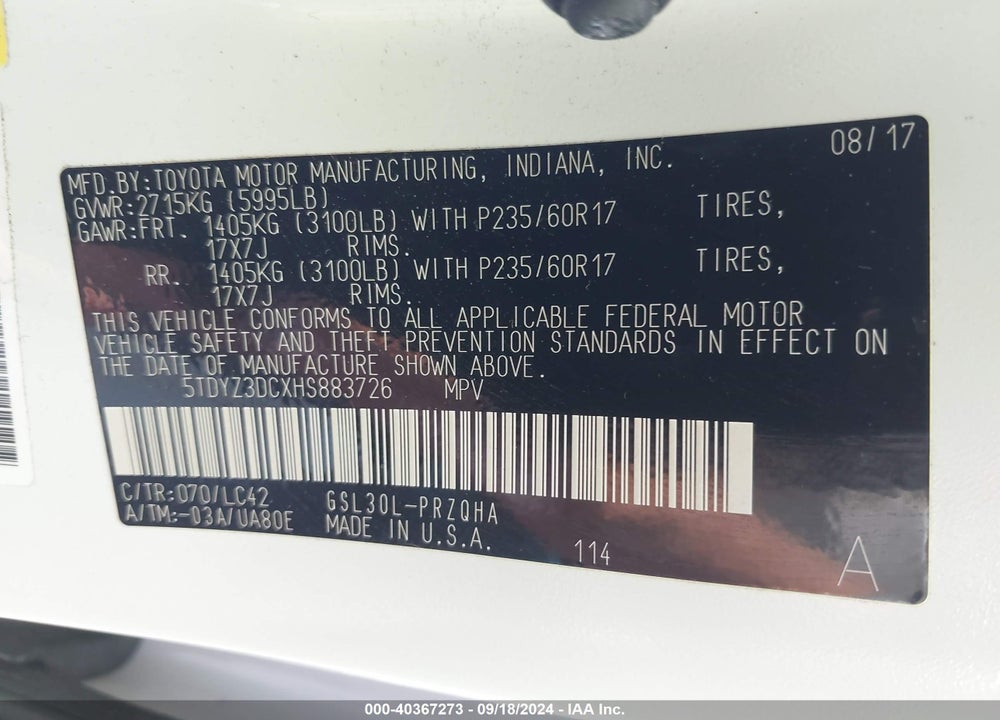 2017 TOYOTA SIENNA XLE 8 PASSENGER VIN: 5TDYZ3DCXHS883726
