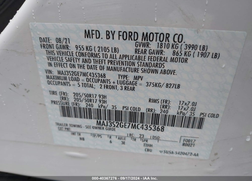 2021 FORD ECOSPORT SE VIN: MAJ3S2GE7MC435368