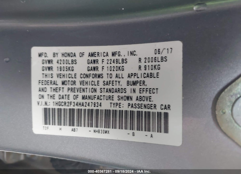 2017 HONDA ACCORD LX VIN: 1HGCR2F34HA247934