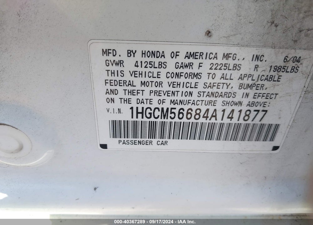 2004 HONDA ACCORD 2.4 EX VIN: 1HGCM56684A141877