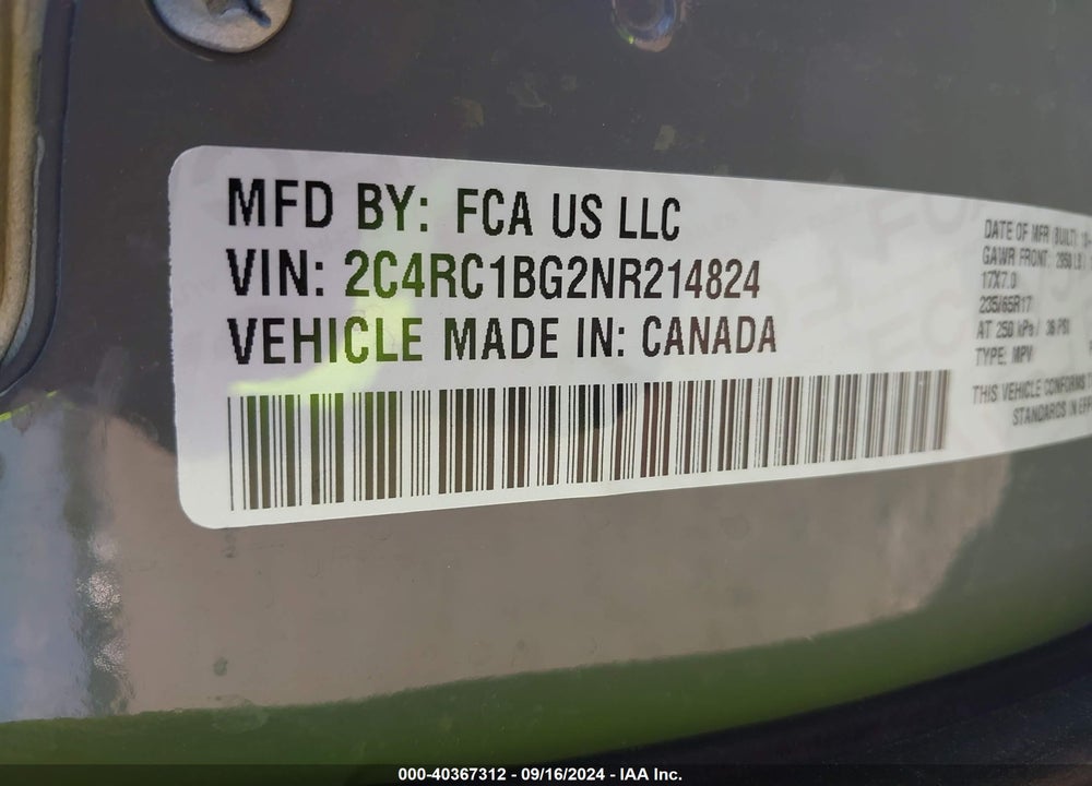 2022 CHRYSLER PACIFICA TOURING L VIN: 2C4RC1BG2NR214824