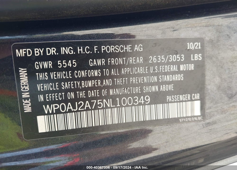 2022 PORSCHE PANAMERA 4/4 PLATINUM EDITION/PLATINUM EDITION VIN: WP0AJ2A75NL100349