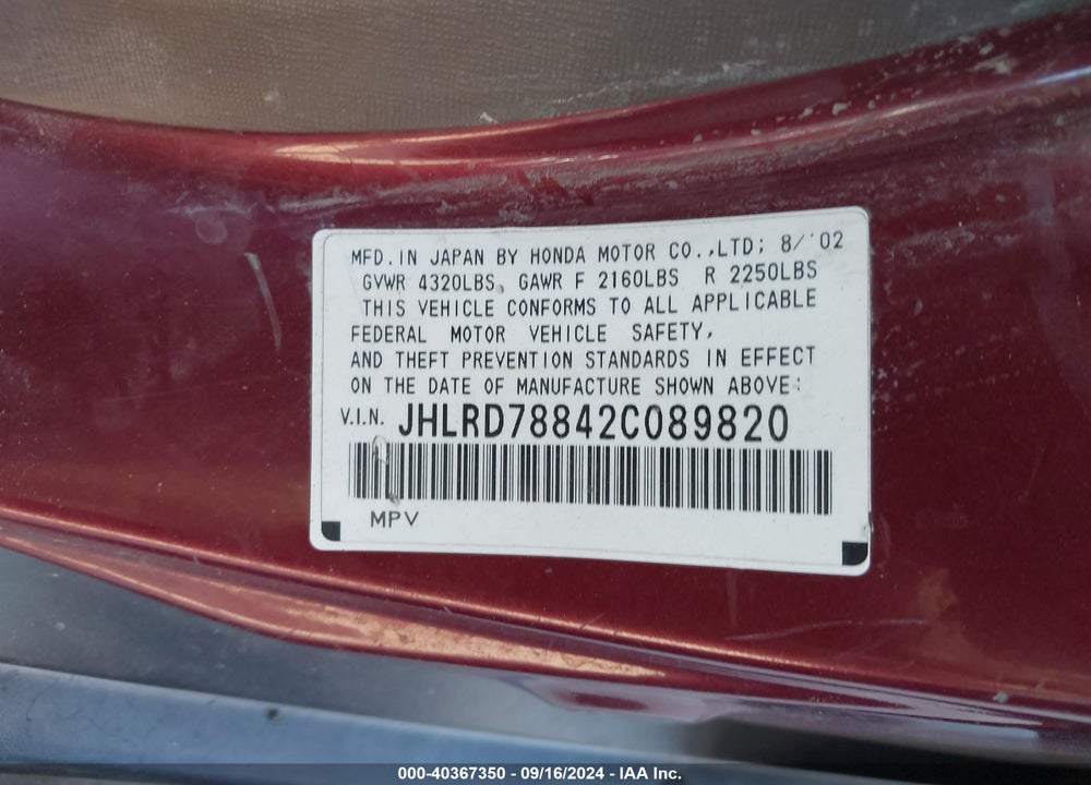 2002 HONDA CR-V EX VIN: JHLRD78842C089820