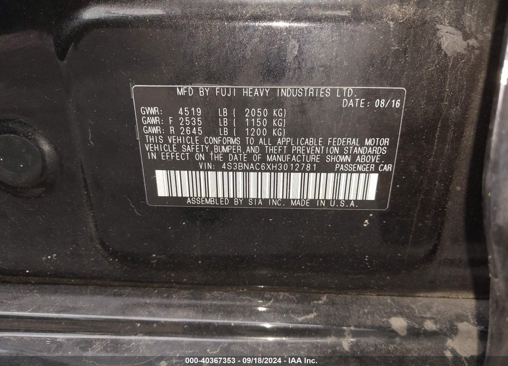 2017 SUBARU LEGACY 2.5I PREMIUM VIN: 4S3BNAC6XH3012781