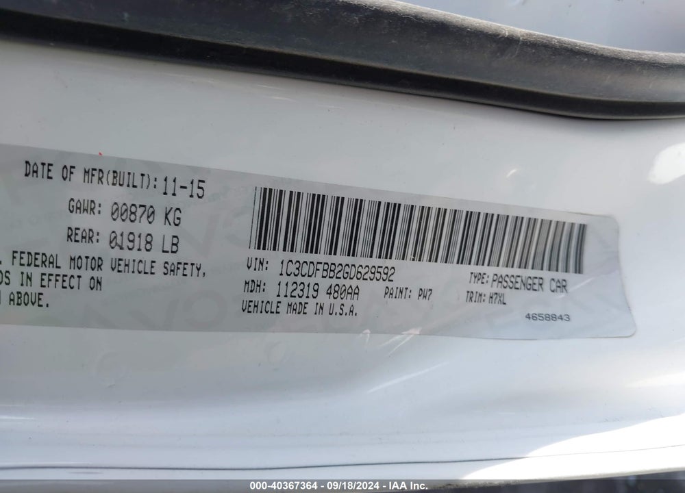 2016 DODGE DART SXT VIN: 1C3CDFBB2GD629592