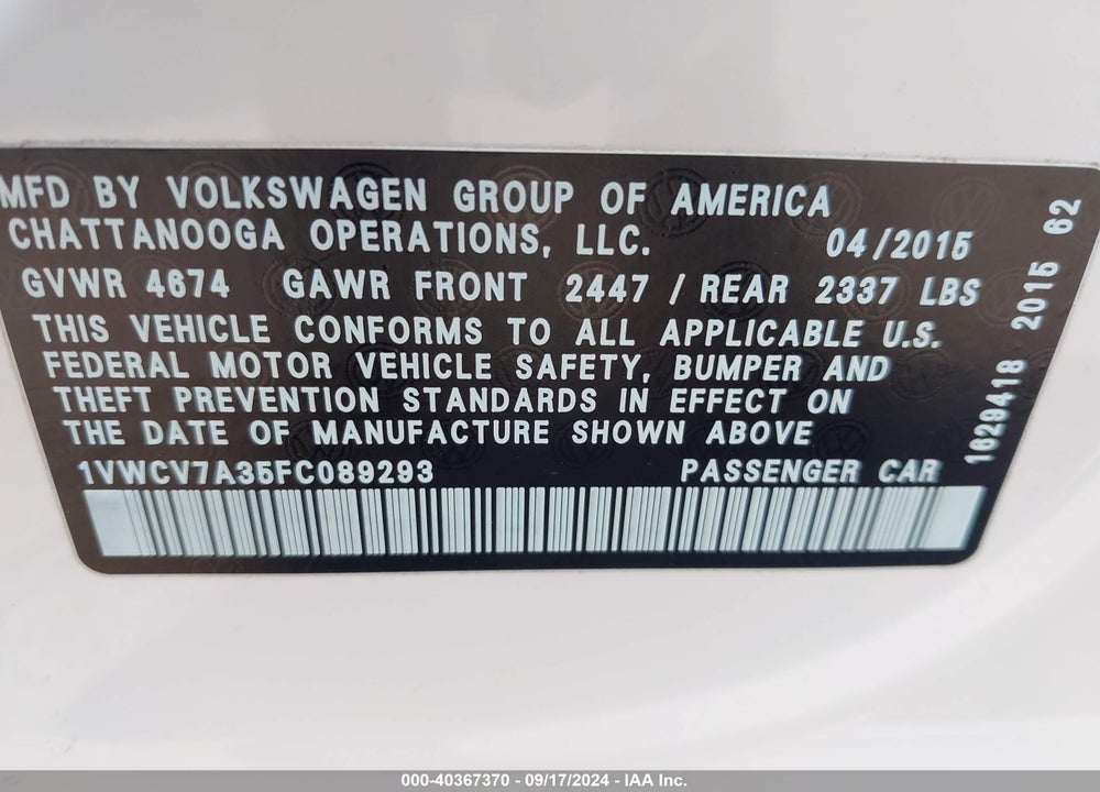 2015 VOLKSWAGEN PASSAT 2.0L TDI SEL PREMIUM VIN: 1VWCV7A35FC089293