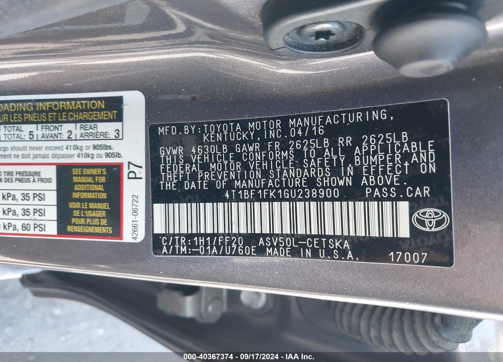 2016 TOYOTA CAMRY SE VIN: 4T1BF1FK1GU238900