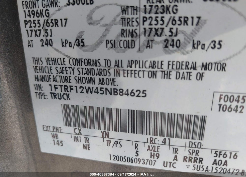 2005 FORD F-150 STX/XL/XLT VIN: 1FTRF12W45NB84625