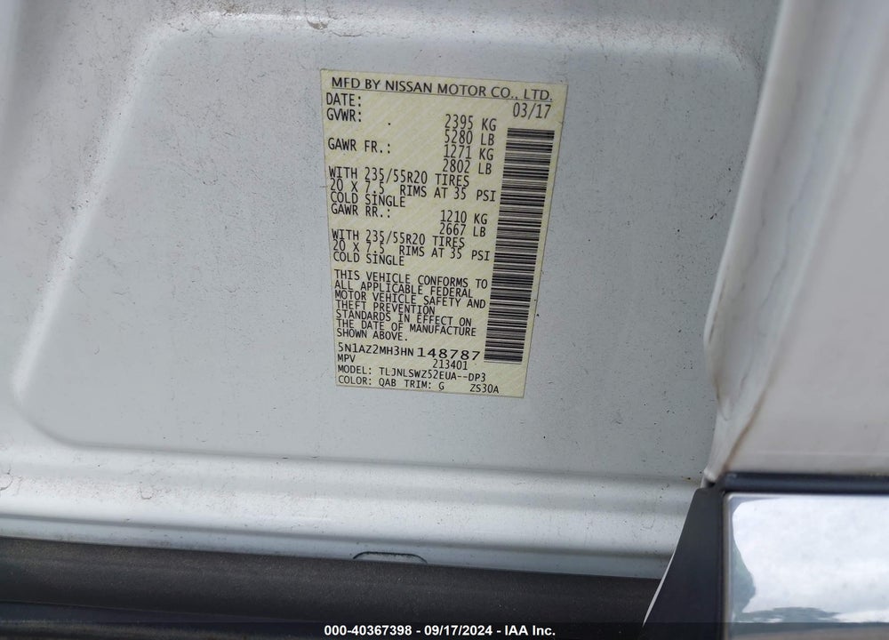 2017 NISSAN MURANO PLATINUM VIN: 5N1AZ2MH3HN148787