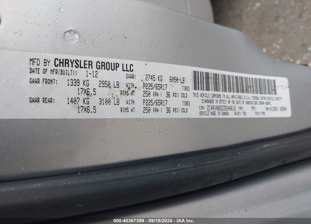 2012 VOLKSWAGEN ROUTAN SE VIN: 2C4RVABG5CR240616