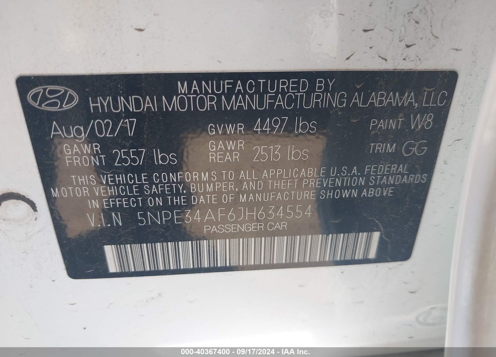 2018 HYUNDAI SONATA SEL VIN: 5NPE34AF6JH634554