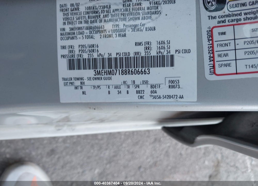 2008 MERCURY MILAN V6 VIN: 3MEHM07188R606663