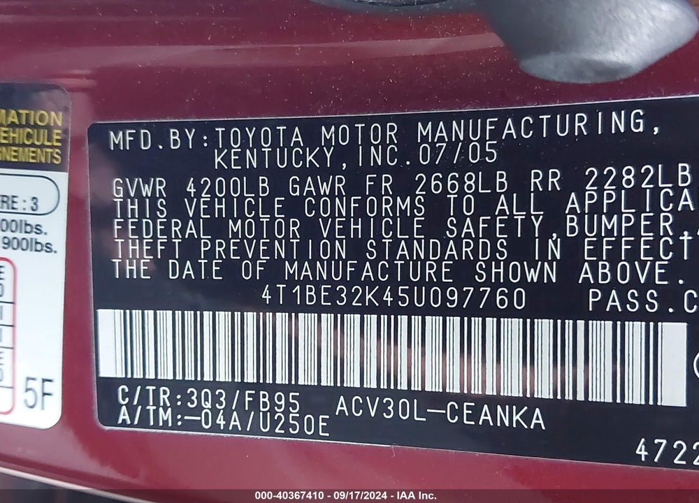 2005 TOYOTA CAMRY LE VIN: 4T1BE32K45U097760