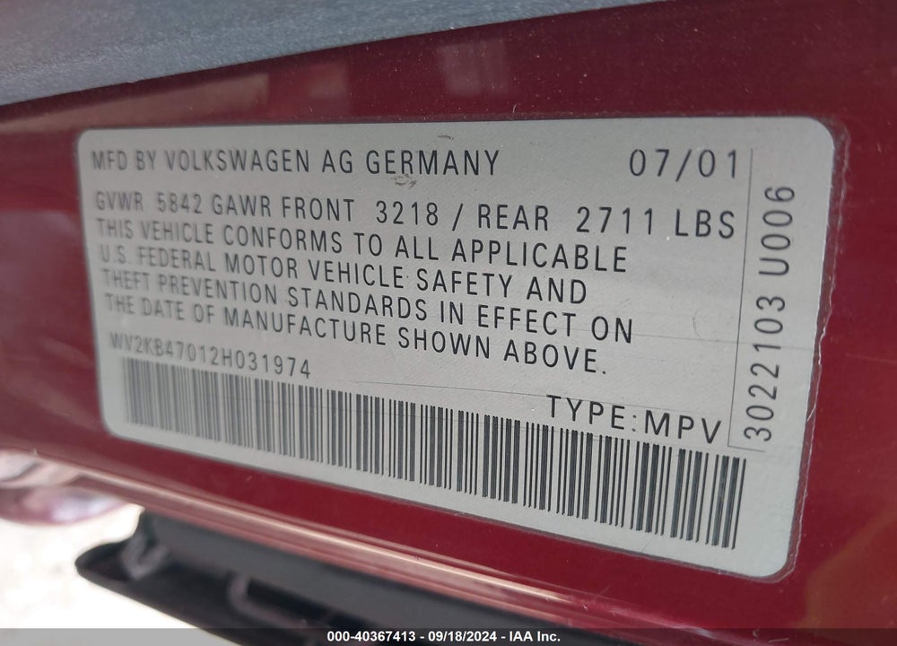 2002 VOLKSWAGEN EUROVAN GLS VIN: WV2KB47012H031974