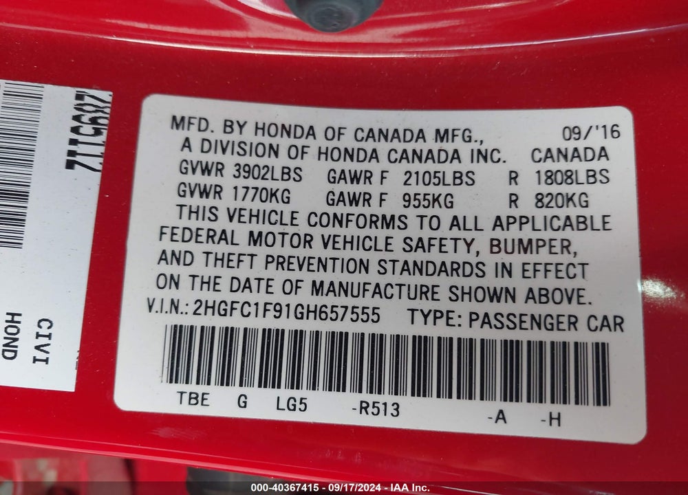 2016 HONDA CIVIC TOURING VIN: 2HGFC1F91GH657555