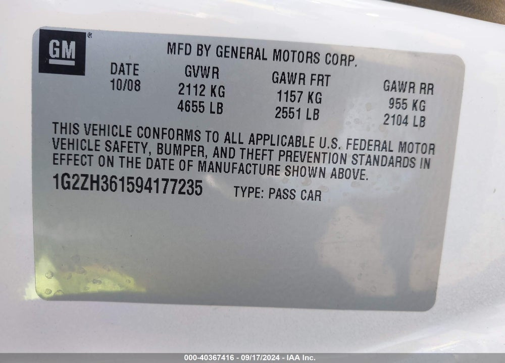 2009 PONTIAC G6 GT VIN: 1G2ZH361594177235