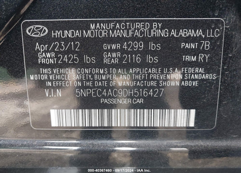 2013 HYUNDAI SONATA SE VIN: 5NPEC4AC9DH516427