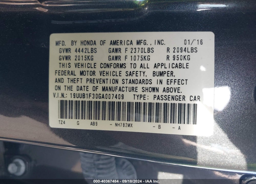 2016 ACURA TLX VIN: 19UUB1F30GA007409